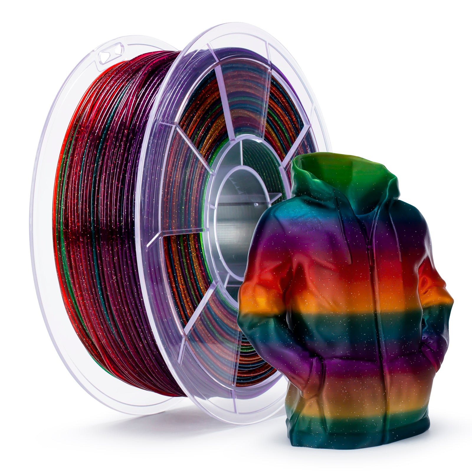 Spool of colorful filament next to a rainbow-colored 3D printed object on a white background