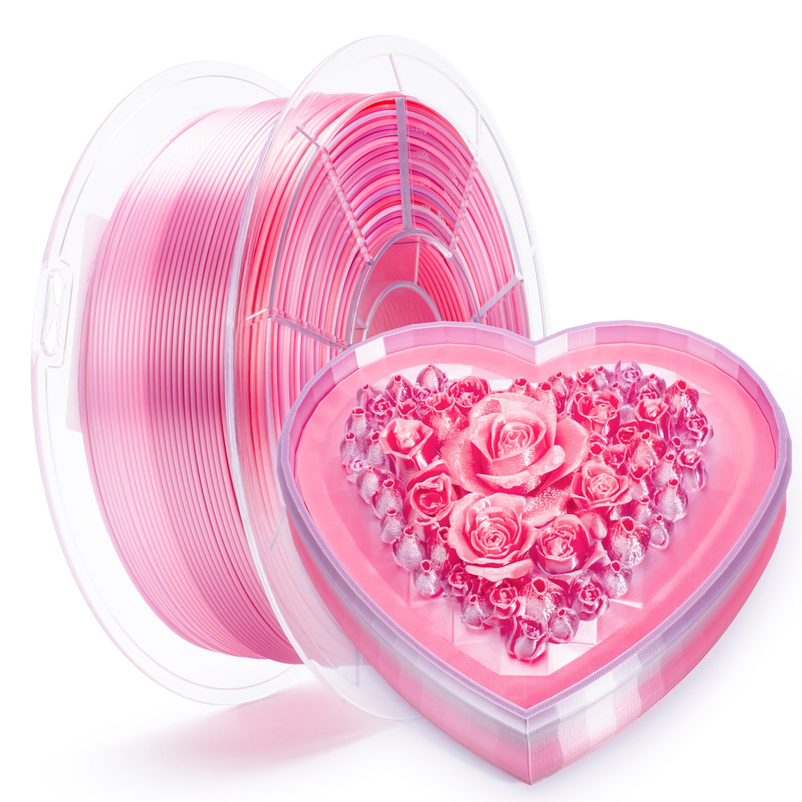 Heart-shaped pink box with floral design on a white background