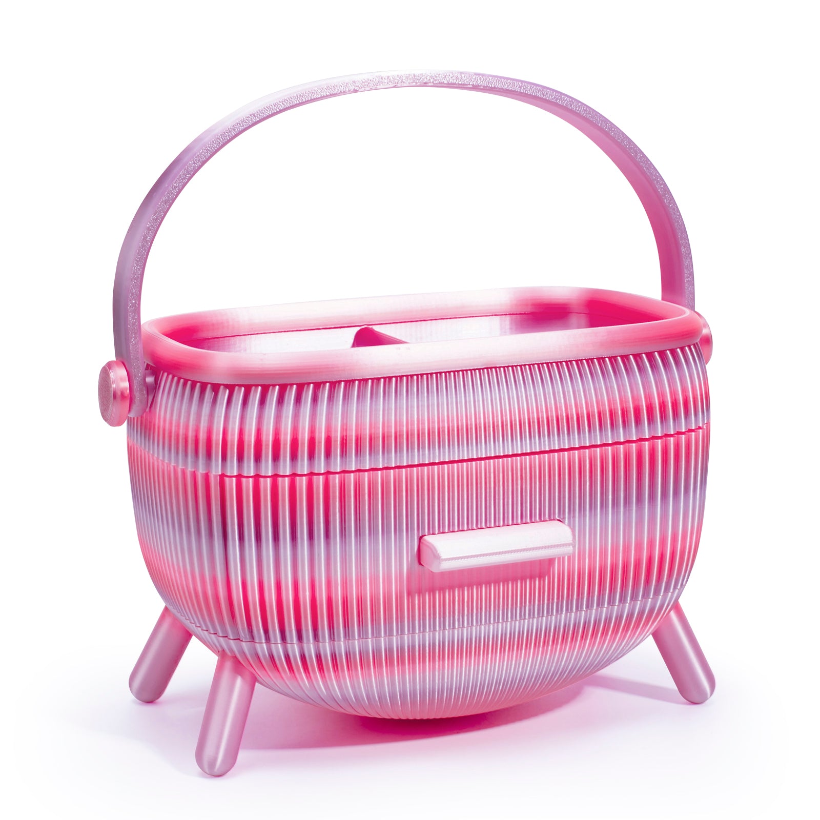 Pink and white woven basket with handle on a white background