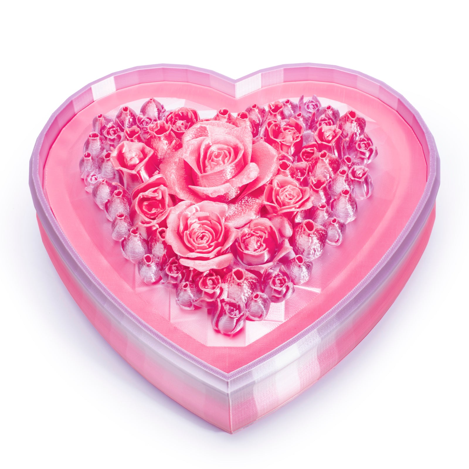 Heart-shaped pink box with floral design on a white background