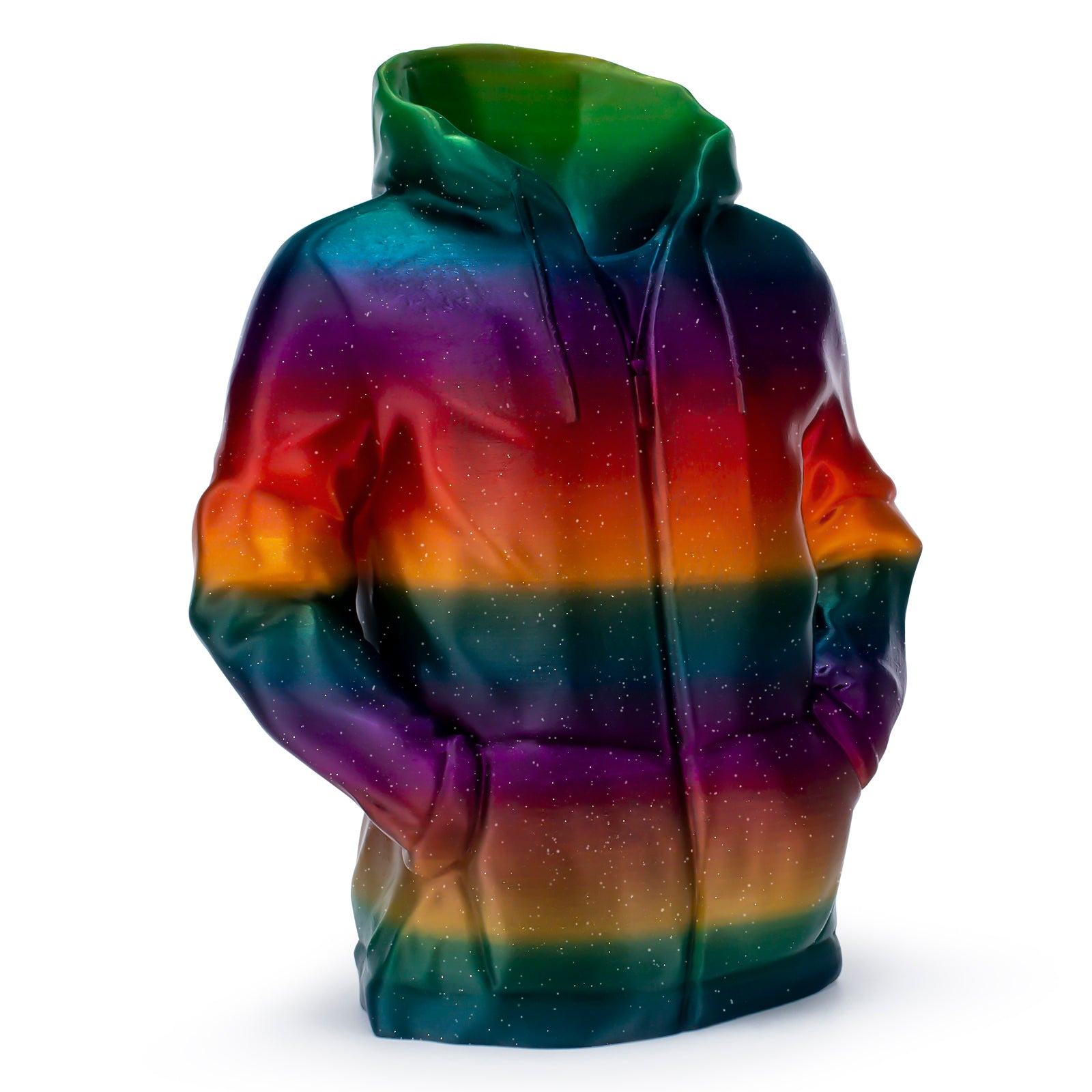 Colorful hoodie-shaped candle with a gradient of colors on a white background