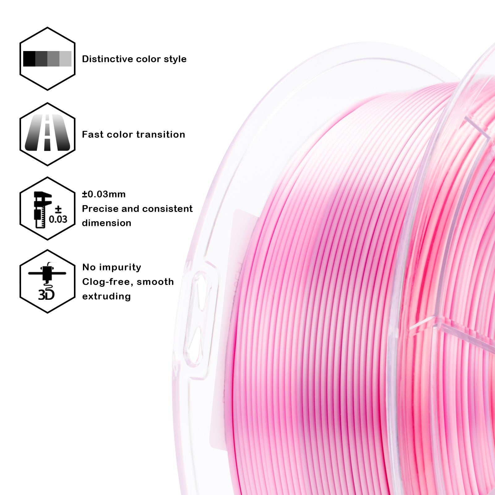 Spool of pink 3D printing filament with specifications on a white background