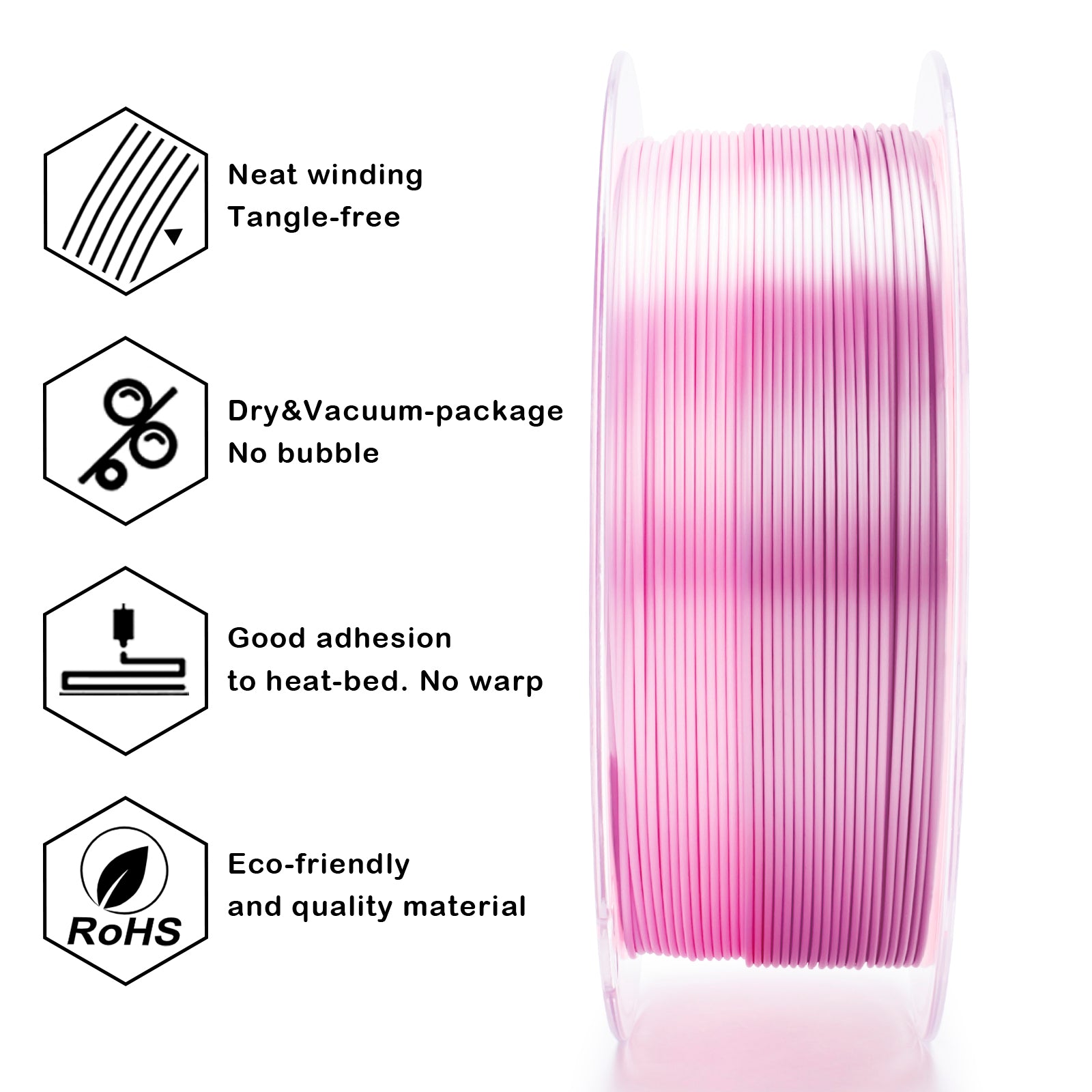 Spool of pink filament with quality features listed on a white background