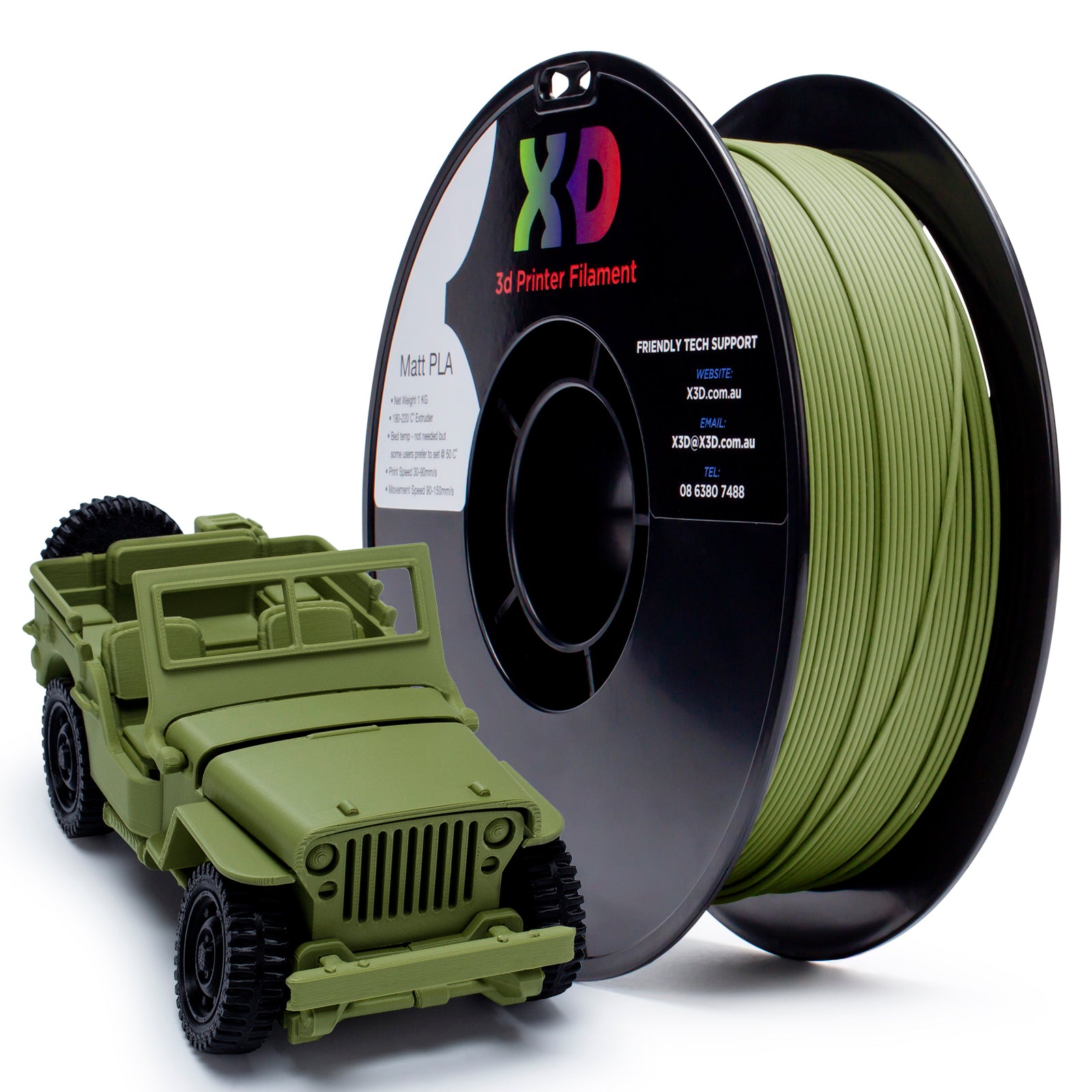 A spool of X3D Pro Matt PLA 1.75mm 1kg 3D printing filament and a small green 3D printed model of a vehicle.
