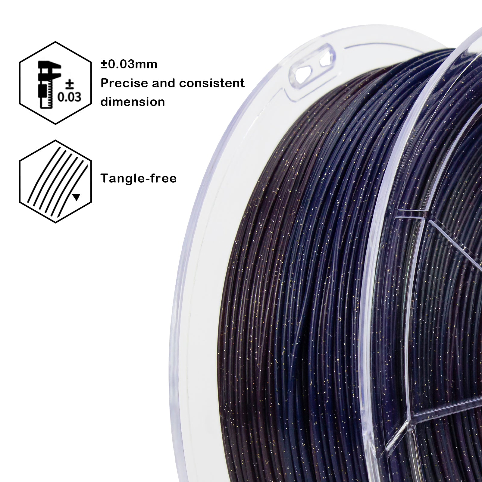Spool of dark blue filament with precision and consistency features on a white background